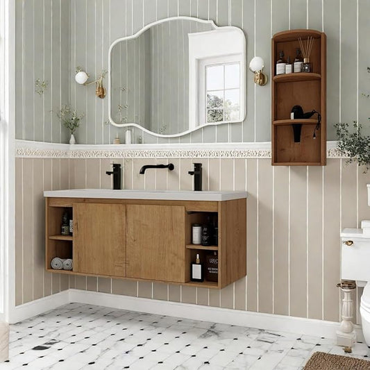 Floating Bathroom Vanity, 48" Bathroom Storage Cabinet with Double Resin Sinks, 2 Soft-Close Doors & 4 Open Storage Shelves, Wall-Mounted Vanity with Extra Three-Layer Spacious Shelves, Oak