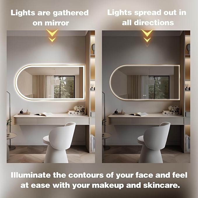 Arched LED Bathroom Mirror, 48"x24" Arch Backlit Vanity Mirror with Lights, Frontlit, Dimmable, 3 Colors, Memory Function, Anti-Fog Smart Mirror, Gold Frame, Shatterproof, Horizontal-Right