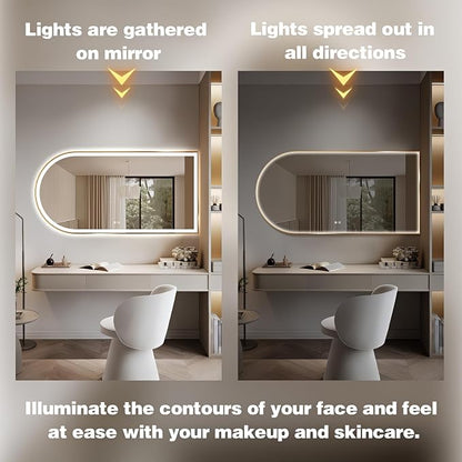 Arched LED Bathroom Mirror, 48"x24" Arch Backlit Vanity Mirror with Lights, Frontlit, Dimmable, 3 Colors, Memory Function, Anti-Fog Smart Mirror, Gold Frame, Shatterproof, Horizontal-Right