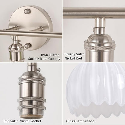 Bathroom Light Fixtures, 3-Light Vanity wall Light Over Mirror with White Tulip Glass Shade for Bedroom Living Room (Bulb Not Included), Satin Nickel