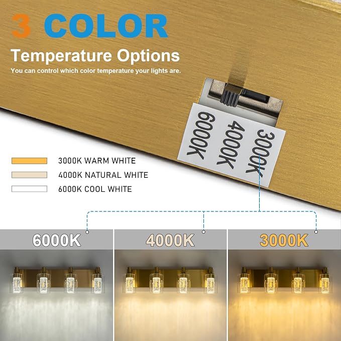 SineRise Vanity Light with 3 Color Modes (3000K/4000K/6000K), Eye Protection LED Bathroom Light Fixture, Dimmable Modern Wall Light Over Mirror with Clear Glass Shade (Gold, 4-Light)