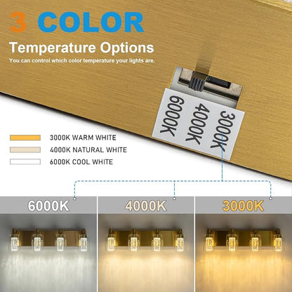 SineRise Vanity Light with 3 Color Modes (3000K/4000K/6000K), Eye Protection LED Bathroom Light Fixture, Dimmable Modern Wall Light Over Mirror with Clear Glass Shade (Gold, 4-Light)
