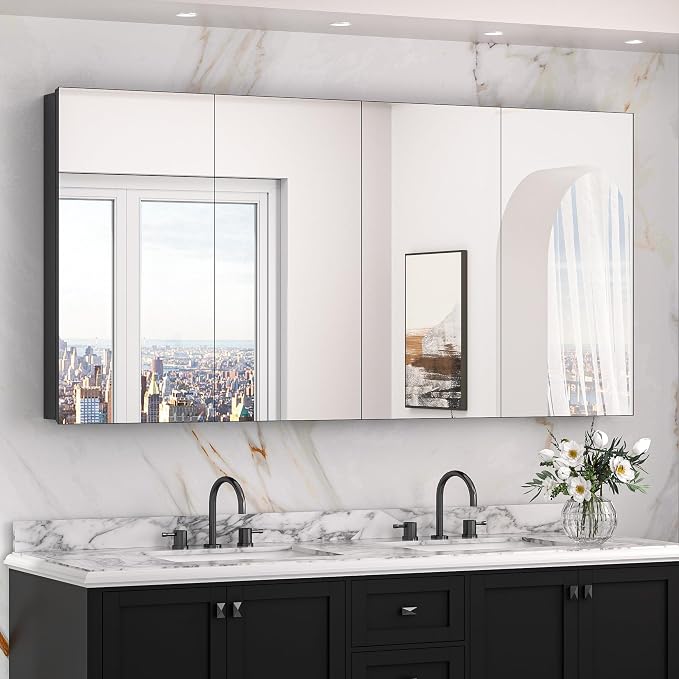 Keonjinn 64" x 32" Black Large Medicine Cabinet with Mirror, Tempered Glass | Assembly Required, Lightweight Aluminum Frame, Adjustable Shelves, Surface Mount or Recessed, Clear Reflection, Soft Close