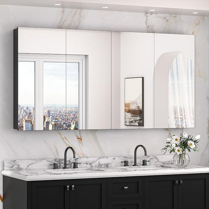 Keonjinn 64" x 32" Black Large Medicine Cabinet with Mirror, Tempered Glass | Assembly Required, Lightweight Aluminum Frame, Adjustable Shelves, Surface Mount or Recessed, Clear Reflection, Soft Close