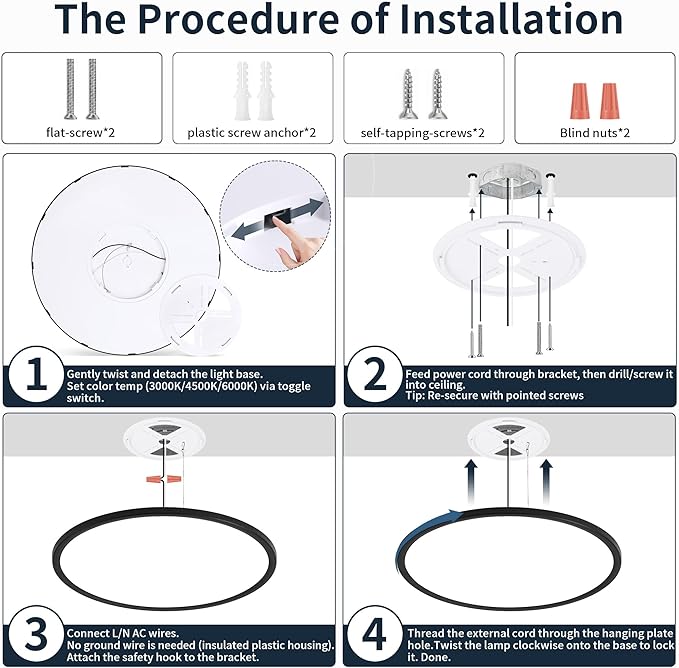 MOONSEA 20 Inch LED Dimmable Ceiling Light Fixture 40W - Round Flush Mount Adjustable 3000K/4500K/6000K Large Kitchen Light Fixture, 4000lm Hallway Light Fixtures for Bedroom, Black
