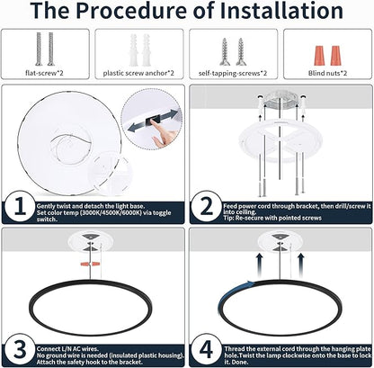 MOONSEA 20 Inch LED Dimmable Ceiling Light Fixture 40W - Round Flush Mount Adjustable 3000K/4500K/6000K Large Kitchen Light Fixture, 4000lm Hallway Light Fixtures for Bedroom, Black