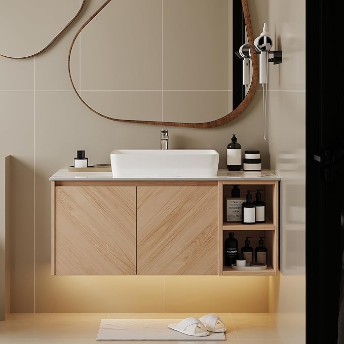 36 Inch Floating Vanity Bathroom with Single Sink, Wall-Mounted Floating Bathroom Cabinet with Sintered Stone Countertop & White Ceramic Basin, Ample Storage and Open Shelves, Light Wood
