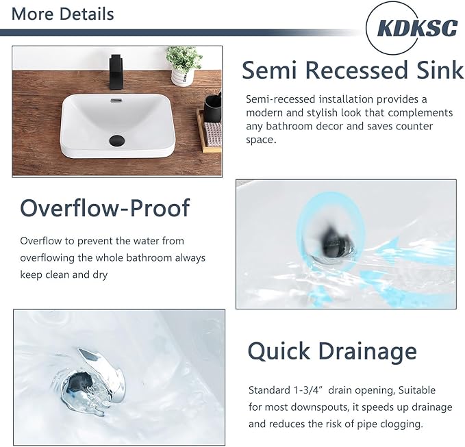 Bathroom Vessel Sink 18.2'' x 13.3'' Small Semi Recessed Bathroom Sink Rectangular Drop In Sink with Overflow White Ceramic Modern Vessel Sinks for Bathroom