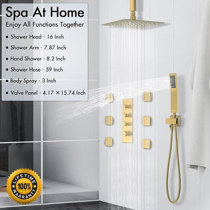 Shower Faucet Set Brushed Gold,Thermostatic Shower System with Body Jets,16 inch Ceiling Rainfall Faucet Set with with 6 PCS Dual Modes Body Jets(3 Inch) Can All Run Together