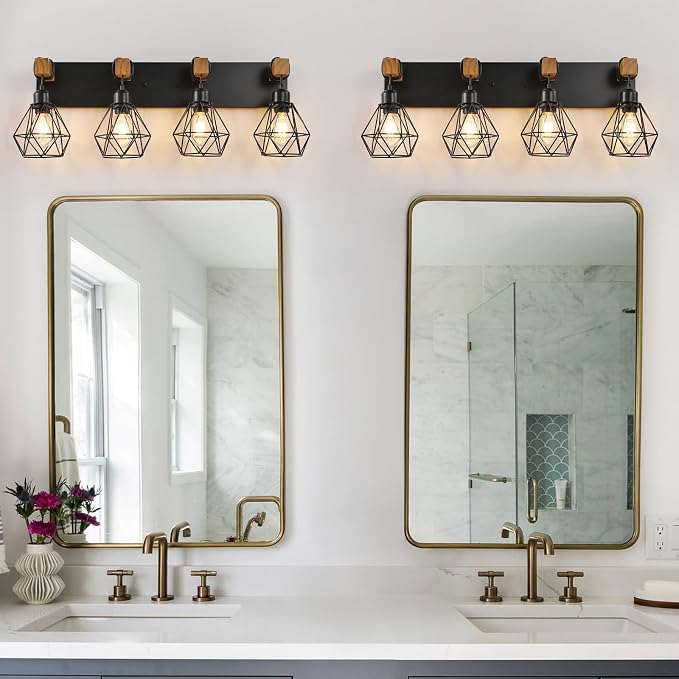 VbiTmn Bathroom Light Fixtures, 4 Light Black Farmhouse Wood Vanity Lights | Rustic Design, Diamond Metal Shades, Easy to Install, Wall Sconces for Bathroom, Bedroom, Makeup Area, Over Vanity Mirror