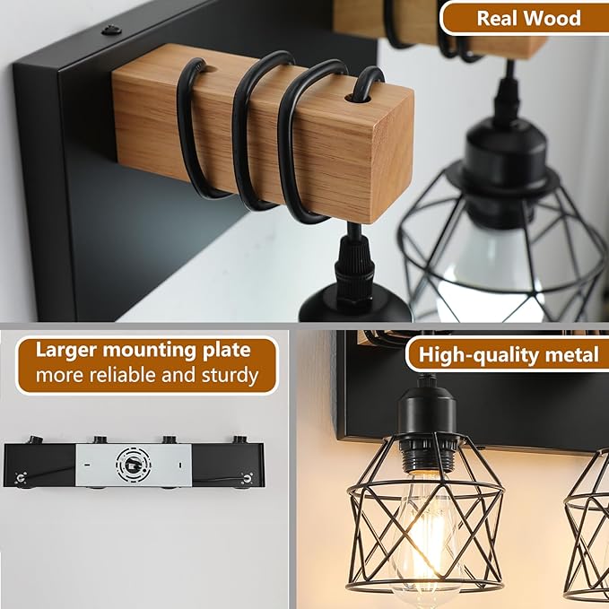 Farmhouse Vanity Light Fixture,4-Light Bathroom Lighting,Black Industrial Wood Wall Light Over Mirror with Metal Shade,LED Bulbs Not Included