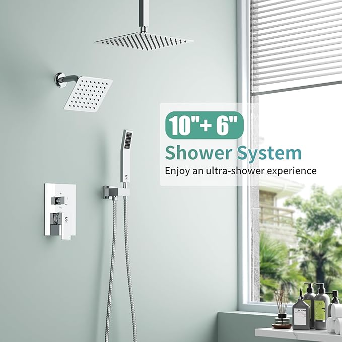 Shower Faucet Set Shower System - SR SUN RISE Polished Chrome Shower Trim Kit with Dual Shower Head, 10'' Ceiling Rainfall 6'' Wall Mount with Handheld Shower for Couples, Complete 6 Diverter Valve