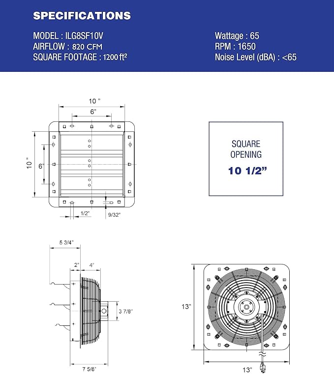 iLiving New Upgraded 10" Wall Mounted Exhaust Fan - Automatic Shutter - Variable Speed - Vent Fan For Home Attic, Shed, or Garage Ventilation, 65 Watts, 820 CFM, 1200 SQF Coverage Area