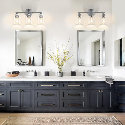 3-Light Bathroom Vanity Light Fixture, Modern Wall Lamp for Mirror with Clear Glass Shade, Silver Finish