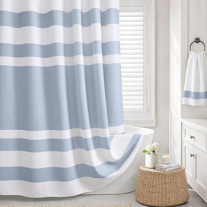 Light Blue Shower Curtain Cotton Waffle Stripe Shower Curtains for Bathroom 72"x72"