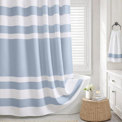 Light Blue Shower Curtain Cotton Waffle Stripe Shower Curtains for Bathroom 72"x72"