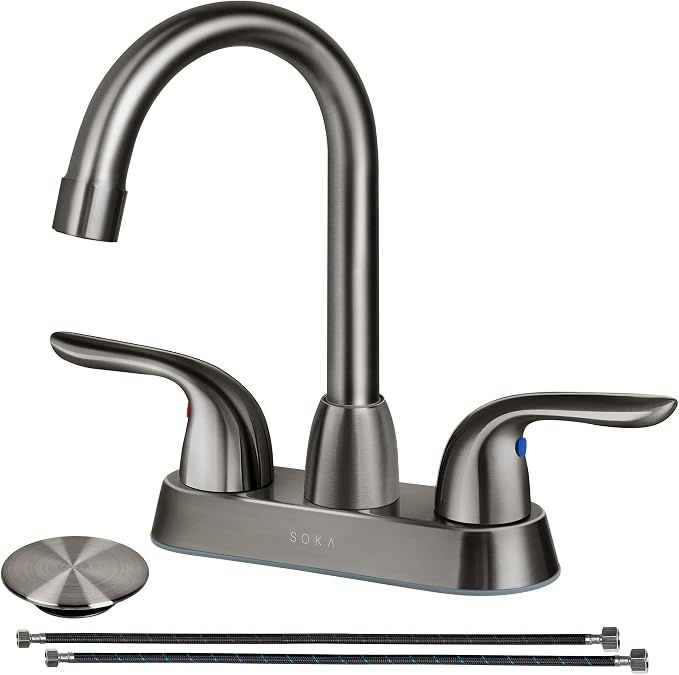 SOKA Two Handles Centerset Bathroom Faucet for Sink High Arc Stainless Steel with Deck Plate & Pop-Up Drain Assembly Fit 3 Hole Installation, Metallic Grey