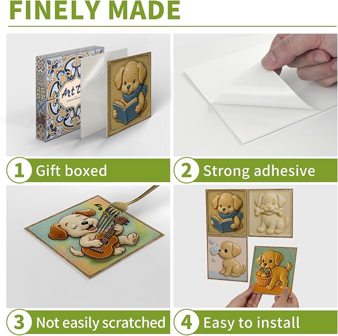 Easy Peel Stick wall Tile Stickers 6x6in Stick on backsplash Tiles,12Pcs | removable 3D tile for kitchen RV bathroom laundry backsplash decor,Ultra-high-definition printed puppy pattern