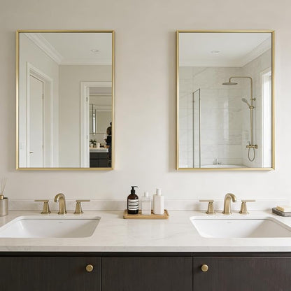 Bathroom Mirror 30" x 20" Brushed Gold Beveled Framed Mirror for Over Sink | Rectanglar Modern Farmhouse Wall Mirror, Tempered Glass, Anti-Rust, Hangs Horizontally or Vertically