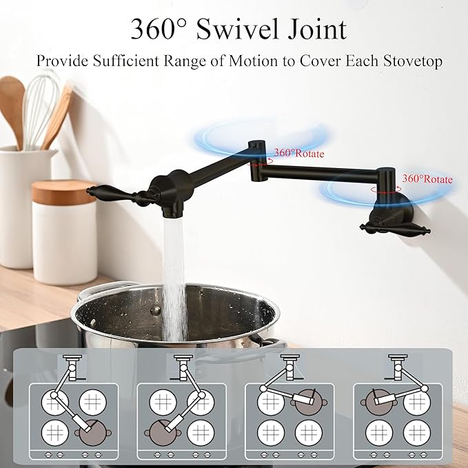 Pot Filler Faucets with Brass Wall Mount Double Joint Swing Arms for Kitchen, Sink, Stove and Bar - Leak Free Designs with High-Flow Aerators - Retractable & Folding for Space Saving - Matte Black