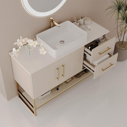 KEIKI 47" Bathroom Vanity with Sink, Modern Freestanding Vanity Cabinet with Ceramic Vessel Sink, Oak Wood Finish, Soft Closing Doors & Drawers, Gold Accent Base, White
