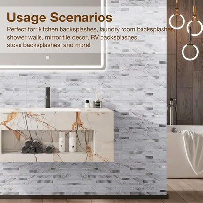 Peel and Stick Backsplash Tile Waterproof Removable PVC Wall Sticker 3D Faux Stone Marble Brick White Accent Panels (White Marble - Metal Silver, 20 Tiles - 9 sq. ft. (0.84 M²))