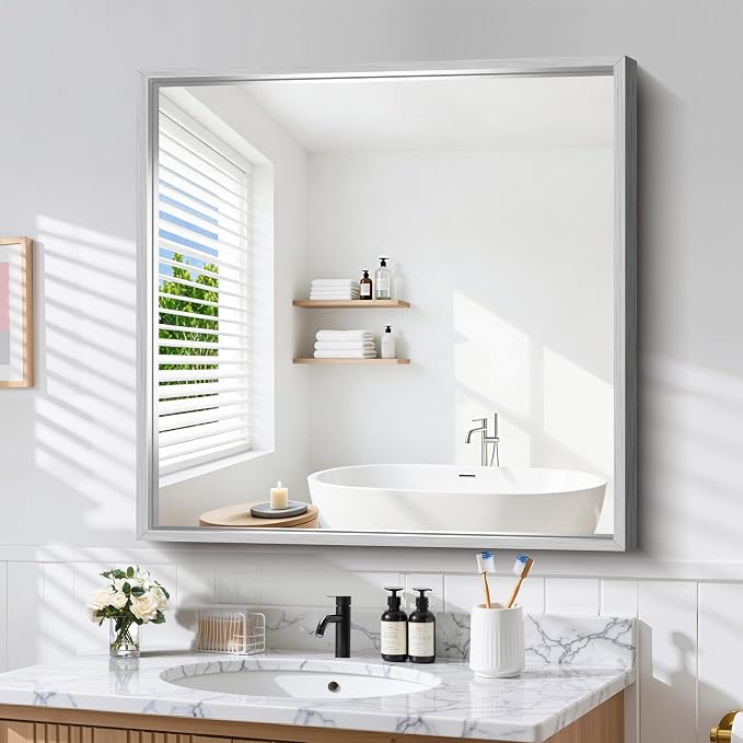 CIRCUMI 40"x40" Brushed Silver Bathroom Mirror, Square Mirror for Vanity | Chunky Box Metal Frame, Shatterproof, Tempered Glass, Bathroom Remodel&New Home,Wall Mirror for Over Sink,Living Room,Hallway
