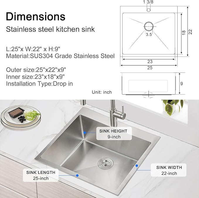 25 x 22 Inch Drop In Kitchen Sink 18 Gauge 304 Stainless Steel | 25"x22" Drop-in Sink | 18 Ga 304 SS | 1-hole | Topmount | Single Bowl | 9" Deep Basin| Large kitchen/prep