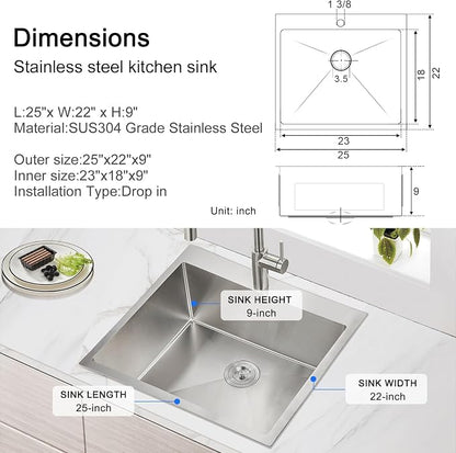 25 x 22 Inch Drop In Kitchen Sink 18 Gauge 304 Stainless Steel | 25"x22" Drop-in Sink | 18 Ga 304 SS | 1-hole | Topmount | Single Bowl | 9" Deep Basin| Large kitchen/prep
