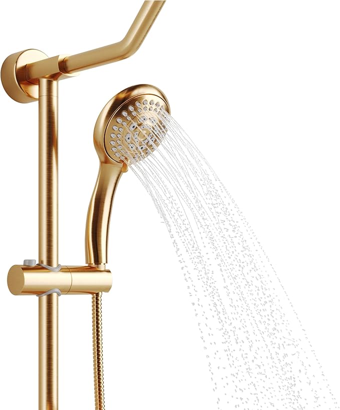 PULSE ShowerSpas Kauai III Brushed Gold Rain Shower Head with Handheld Spray - 2.5 GPM, 8" Showerhead, 5-Function HandShower, Adjustable Slide Bar - Shower Heads with Handheld Spray Combo