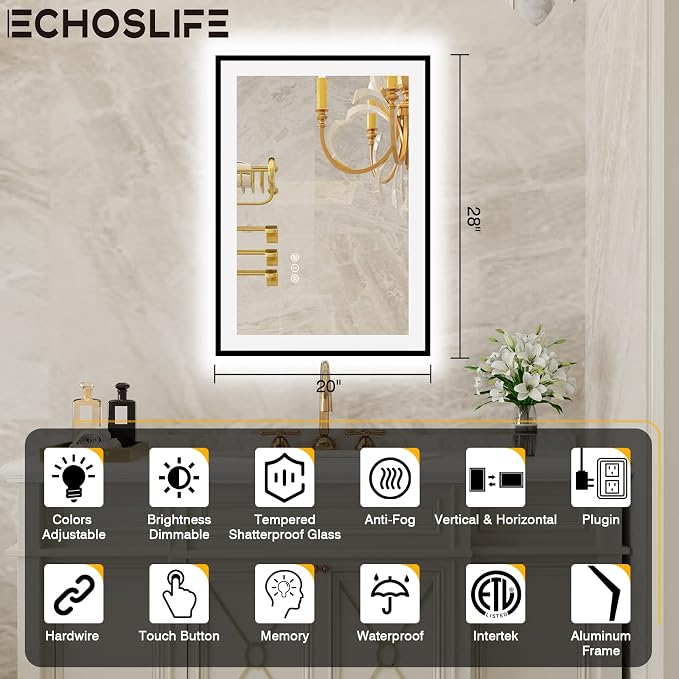 EchosLife 20x28 LED Bathroom Mirrors for Wall - Black Aluminum Framed | Black Frame, Front and Backlit, Anti-Fog, Stepless Dimmable, 3 Colors, Memory, Tempered Glass, UL Listed, Horizontal/Vertical