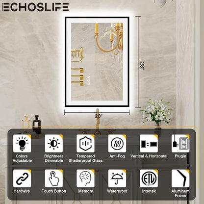 EchosLife 20x28 LED Bathroom Mirrors for Wall - Black Aluminum Framed | Black Frame, Front and Backlit, Anti-Fog, Stepless Dimmable, 3 Colors, Memory, Tempered Glass, UL Listed, Horizontal/Vertical