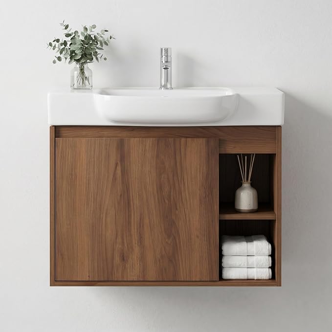 28" Bathroom Vanity with Sink, Wall-Mounted Cabinet, Brown Ebony | Ceramic Sink, Soft-Close Door & 2 Open Storage Shelves, Modern Farmhouse Sink Cabinet, Easy to Clean for Small Bathroom