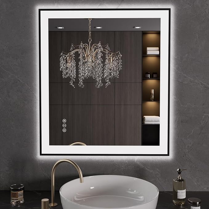 LOAAO 32"X36" LED Bathroom Mirror Black Framed | Anti-Fog, Dimmable, Memory Function, Tempered Glass, Lighted Vanity Mirror for Wall