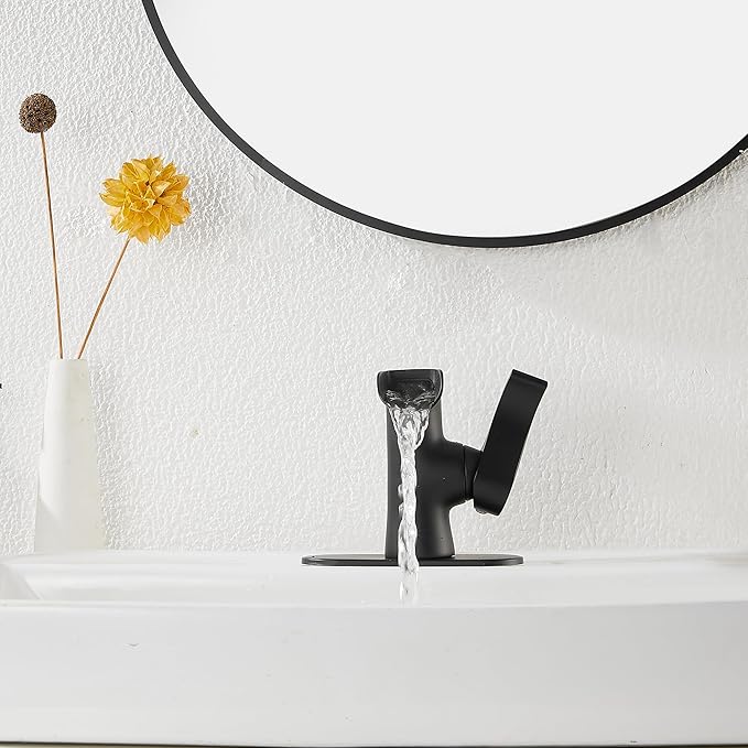 Single Handle Bathroom Faucet Matte Black Waterfall GGStudy Bathroom Vanity Faucet Black Basin Matching Pop Up Drain with Overflow