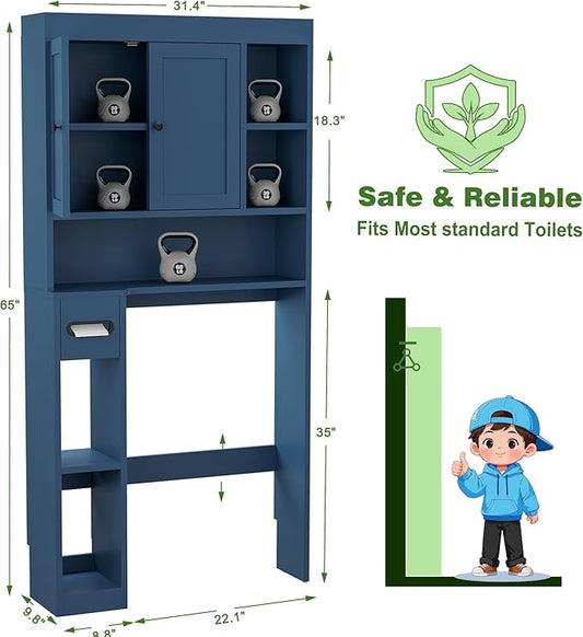 Over The Toilet Storage Cabinet with 7 Shelves, Imitation Walnut Grain Above Toilet Bathroom Organizer with Toilet Paper Holder Stand, Space Saver for Restroom, Laundry, Bathroom (Navy Blue)