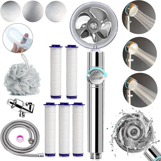 Upgrade High Pressure Vortex Propeller Handheld Filtered Shower Head Kit with Replacement Accessories & 3 Interchangeable Spray Panels-Gray