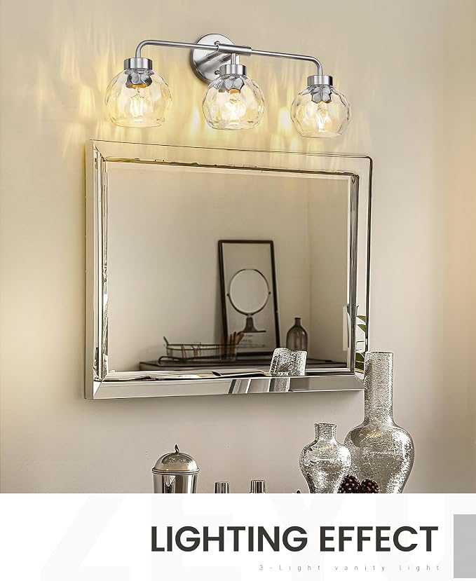 zeyu Brushed Nickel Bathroom Light Fixtures, 23 Inch 3-Light Modern Vanity Light Over Mirror with Water Ripple Globe Glass, Brushed Nickel Finish, ZS62BG-3W BN-WG