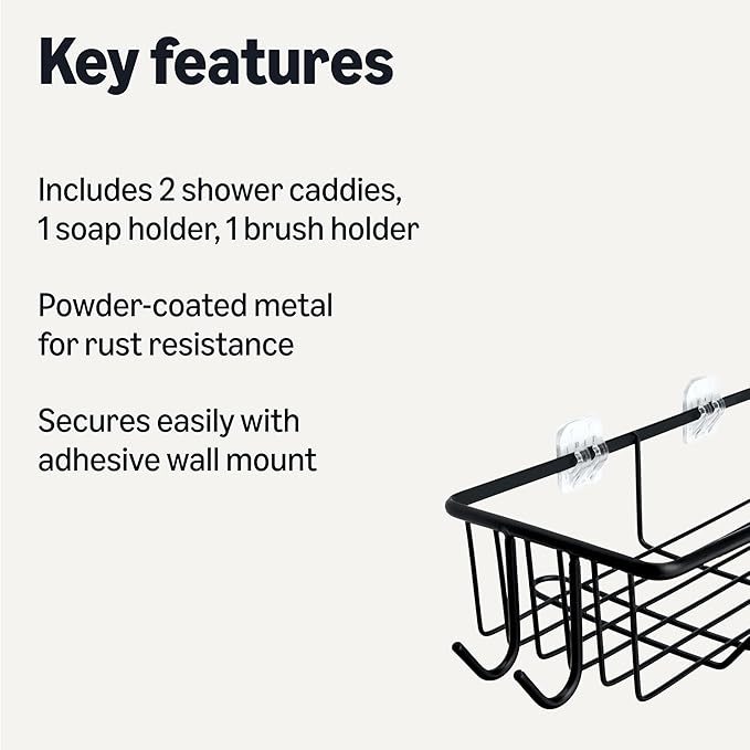 Amazon Basics Shower Shelves Organizer，5-Piece Stainless Steel Caddy Set with Soap Holder and Brush Holder, Adhesive Mount, Black