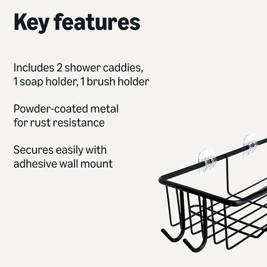 Amazon Basics Shower Shelves Organizer，5-Piece Stainless Steel Caddy Set with Soap Holder and Brush Holder, Adhesive Mount, Black