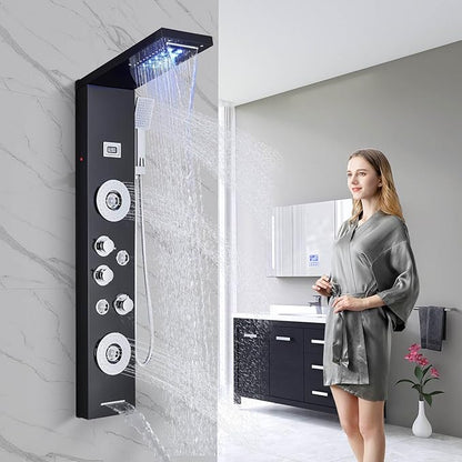 AlenArt Shower Panel Tower System Rainfall Waterfall Shower Head with Body Jets Stainless Steel Rain Massage System 5-Function High Pressure Shower Panel Tower System,HFT8029