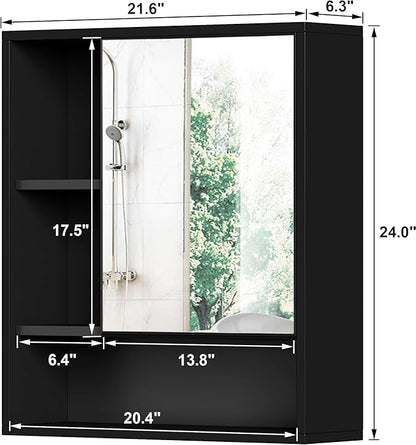 ChooChoo Bathroom Wall Mirror Cabinet, Medicine Cabinet with Single Door and Adjustable Shelf, Over The Toilet Space Saver Storage Cabinet, Black