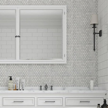 Carrara White Marble Mosaic Tile for Kitchen Bathroom Floor 1 Inch Penny | Water & Heat Resistant Polished Marble Backsplash Tiles for Wall Floor Fireplace Surround Durable Unique Veins 4.8SQFT