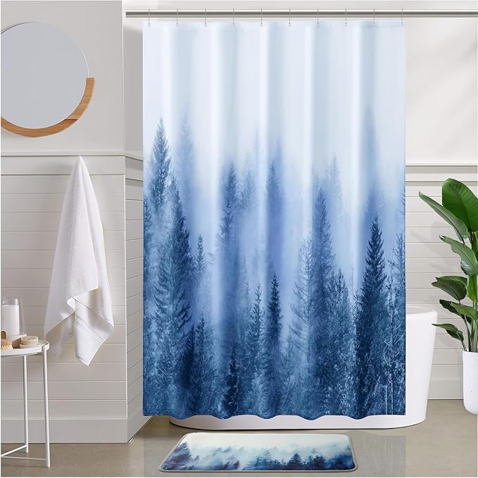 ORTIGIA 60x72 Misty Forest Stall Shower Curtain for Small Bathroom, Blue Narrow Nature Woodland Shower Curtain Set with Hooks, Waterproof Fabric Pine Tree Fog Magic Home Bath Curtain