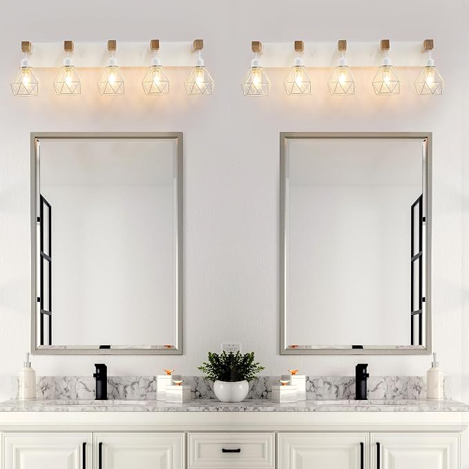 maesta 5 Light Bathroom Vanity Light, Farmhouse White Fixture Over Mirror | Farmhouse Bathroom Light Fixtures, Wood & Metal, Anti-Rust Easy to Install for Rustic Bathroom Hallway