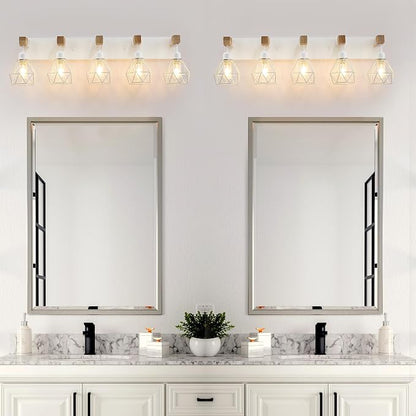 maesta 5 Light Bathroom Vanity Light, Farmhouse White Fixture Over Mirror | Farmhouse Bathroom Light Fixtures, Wood & Metal, Anti-Rust Easy to Install for Rustic Bathroom Hallway