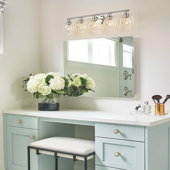 Bathroom Light Fixtures Over Mirror 5-Lights Bathroom Vanity Light with Clear Globe Glass Shade 37.4 inch Modern Brushed Nickel Vanity Lights Wall Sconce Lighting for Bath
