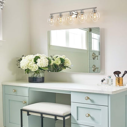 Bathroom Light Fixtures Over Mirror 5-Lights Bathroom Vanity Light with Clear Globe Glass Shade 37.4 inch Modern Brushed Nickel Vanity Lights Wall Sconce Lighting for Bath