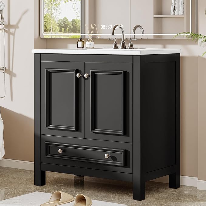 Tribesigns Modern Bathroom Vanity with Sink, Freestanding Bathroom Vanities Cabinet with Ceramic Basin Combo, Bathroom Sink Cabinet with 2 Doors and 1 Drawer, Solid Wooden Frame (Black, 30 INCH)