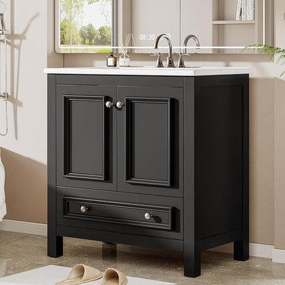 Tribesigns Modern Bathroom Vanity with Sink, Freestanding Bathroom Vanities Cabinet with Ceramic Basin Combo, Bathroom Sink Cabinet with 2 Doors and 1 Drawer, Solid Wooden Frame (Black, 30 INCH)